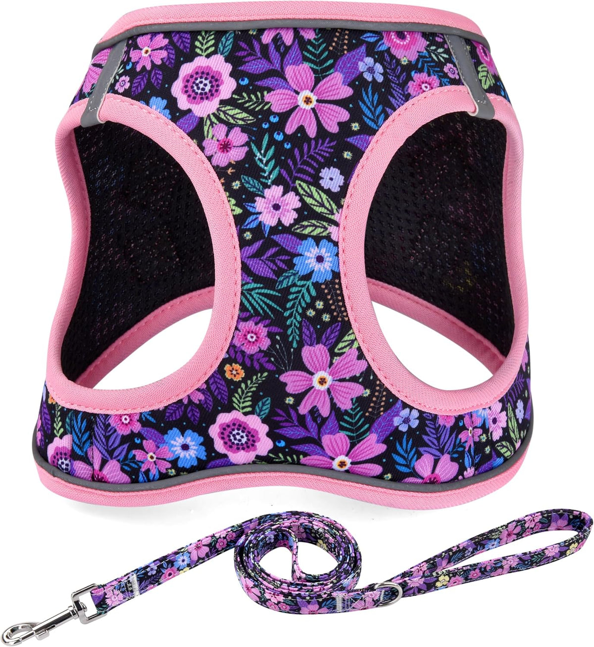 Step in Dog Harness and Leash Set, Breathable Mesh, Pink Floral,XS