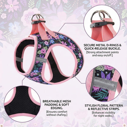 Step in Dog Harness and Leash Set, Breathable Mesh, Pink Floral,XS