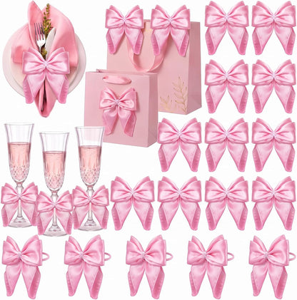 25 Pcs Pink Bow Napkin Rings Bow Satin Napkins Decors for Girls Women 5 x 5 Inch Coquette Silky Table Decors Bows Theme Party Supplies for Wedding Banquet Birthday Baby Shower Table Decor