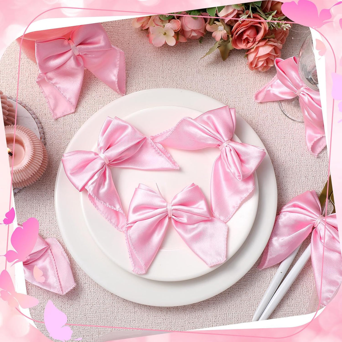 25 Pcs Pink Bow Napkin Rings Bow Satin Napkins Decors for Girls Women 5 x 5 Inch Coquette Silky Table Decors Bows Theme Party Supplies for Wedding Banquet Birthday Baby Shower Table Decor