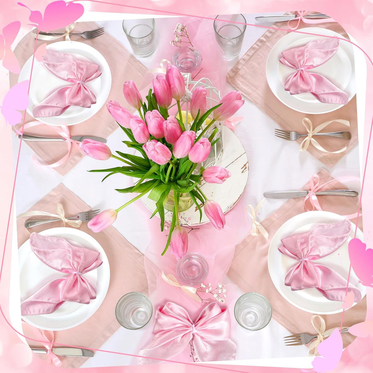 25 Pcs Pink Bow Napkin Rings Bow Satin Napkins Decors for Girls Women 5 x 5 Inch Coquette Silky Table Decors Bows Theme Party Supplies for Wedding Banquet Birthday Baby Shower Table Decor