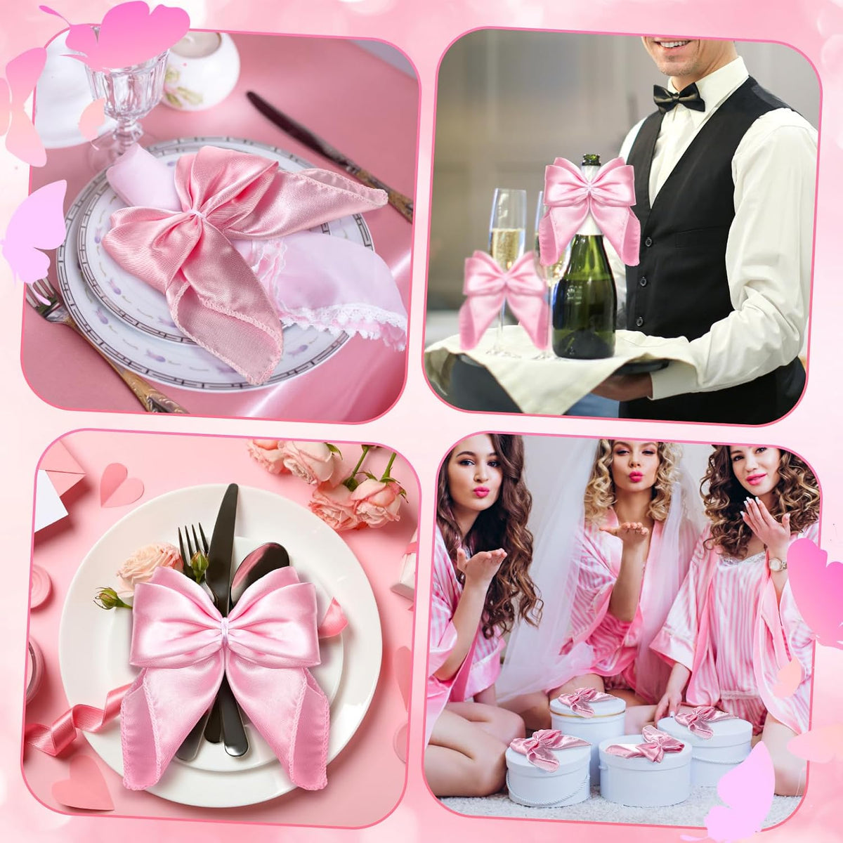 25 Pcs Pink Bow Napkin Rings Bow Satin Napkins Decors for Girls Women 5 x 5 Inch Coquette Silky Table Decors Bows Theme Party Supplies for Wedding Banquet Birthday Baby Shower Table Decor