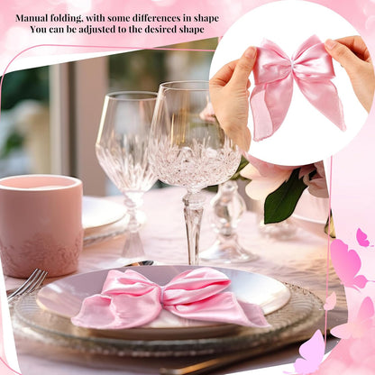 25 Pcs Pink Bow Napkin Rings Bow Satin Napkins Decors for Girls Women 5 x 5 Inch Coquette Silky Table Decors Bows Theme Party Supplies for Wedding Banquet Birthday Baby Shower Table Decor