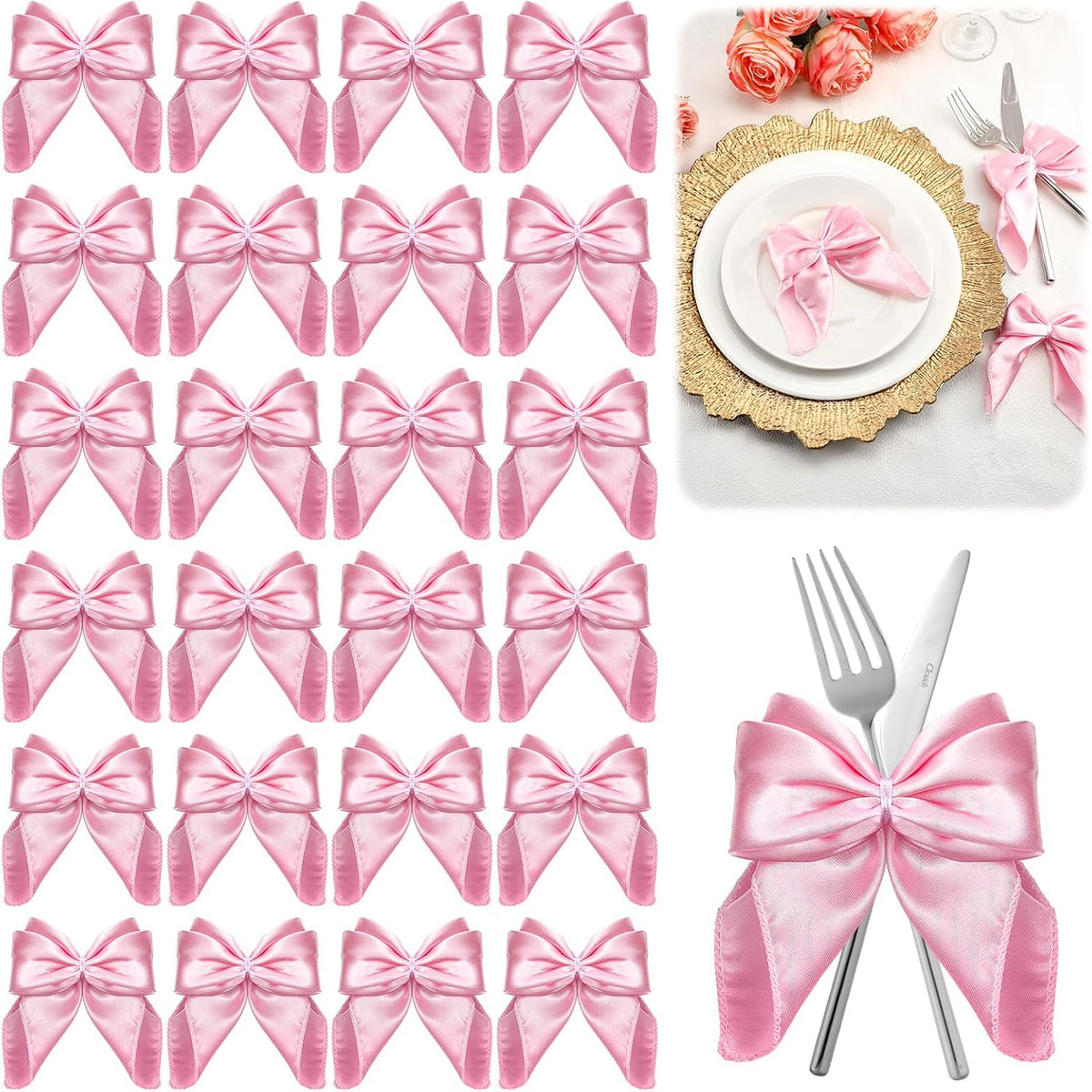 25 Pcs Pink Bow Napkin Rings Bow Satin Napkins Decors for Girls Women 5 x 5 Inch Coquette Silky Table Decors Bows Theme Party Supplies for Wedding Banquet Birthday Baby Shower Table Decor