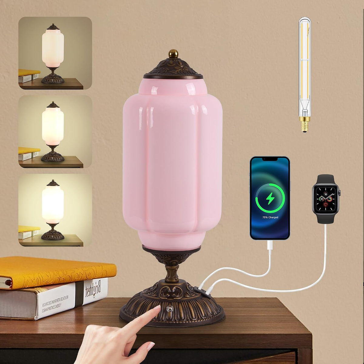 Vintage Pink Milk Glass Touch Table Lamp ,USB C+A Charging Ports (Bulb×1)
