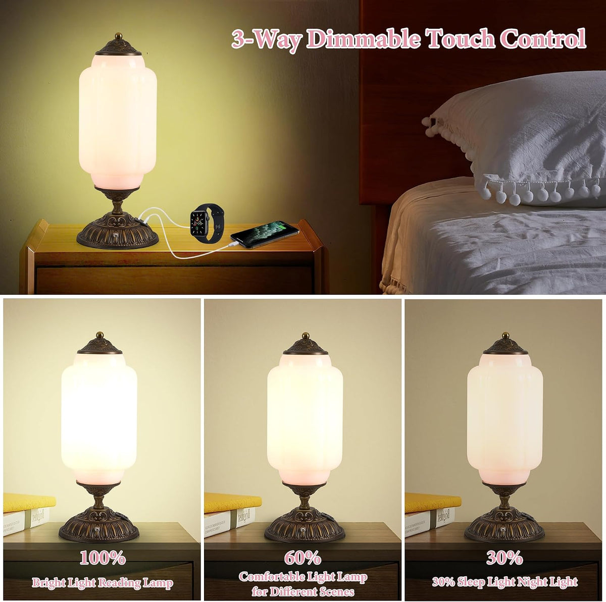 Vintage Pink Milk Glass Touch Table Lamp ,USB C+A Charging Ports (Bulb×1)