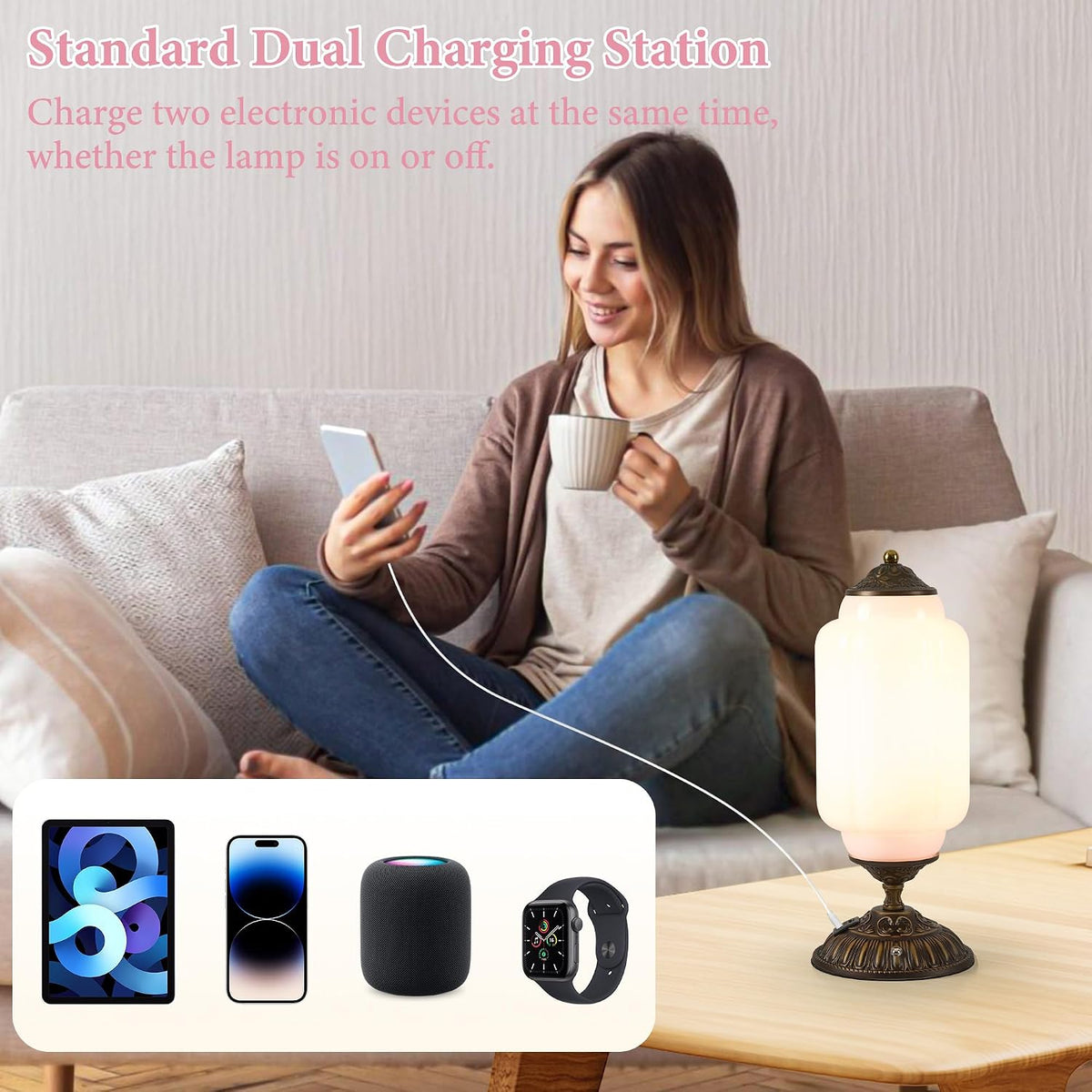 Vintage Pink Milk Glass Touch Table Lamp ,USB C+A Charging Ports (Bulb×1)