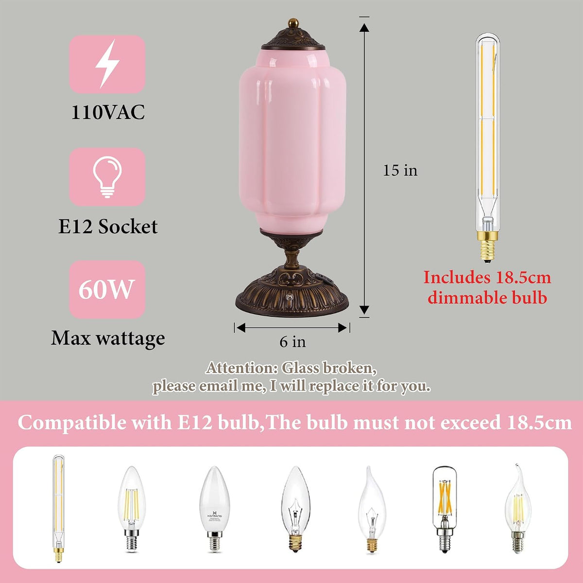 Vintage Pink Milk Glass Touch Table Lamp ,USB C+A Charging Ports (Bulb×1)