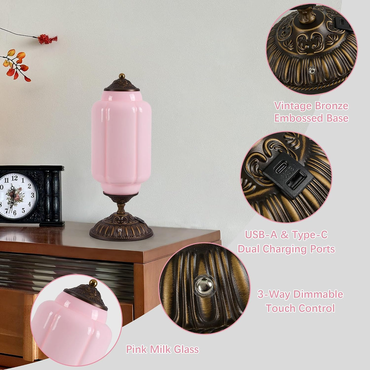 Vintage Pink Milk Glass Touch Table Lamp ,USB C+A Charging Ports (Bulb×1)