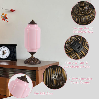 Vintage Pink Milk Glass Touch Table Lamp ,USB C+A Charging Ports (Bulb×1)