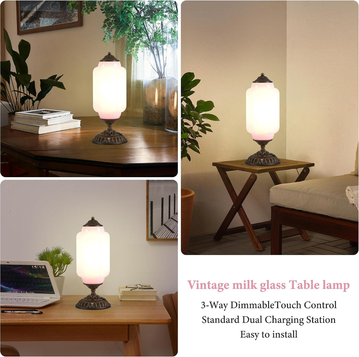 Vintage Pink Milk Glass Touch Table Lamp ,USB C+A Charging Ports (Bulb×1)
