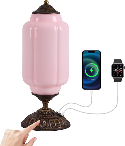 Vintage Pink Milk Glass Touch Table Lamp ,USB C+A Charging Ports (Bulb×1)