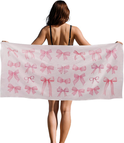 Pink Coquette Bow Beach Towel, Preppy Girly Bow Oversized Bath Swim Pool Towels for Bathroom Swimming Pool Travel Camping Picnic, Preppy Girls Bathroom Decor, 30x60 Inches
