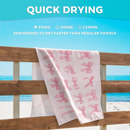 Pink Coquette Bow Beach Towel, Preppy Girly Bow Oversized Bath Swim Pool Towels for Bathroom Swimming Pool Travel Camping Picnic, Preppy Girls Bathroom Decor, 30x60 Inches