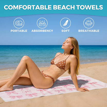 Pink Coquette Bow Beach Towel, Preppy Girly Bow Oversized Bath Swim Pool Towels for Bathroom Swimming Pool Travel Camping Picnic, Preppy Girls Bathroom Decor, 30x60 Inches