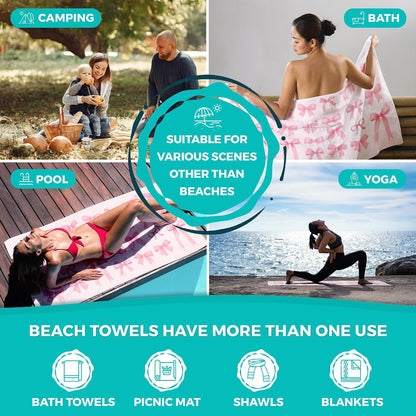 Pink Coquette Bow Beach Towel, Preppy Girly Bow Oversized Bath Swim Pool Towels for Bathroom Swimming Pool Travel Camping Picnic, Preppy Girls Bathroom Decor, 30x60 Inches