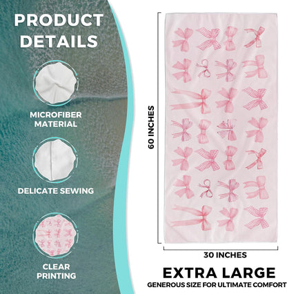 Pink Coquette Bow Beach Towel, Preppy Girly Bow Oversized Bath Swim Pool Towels for Bathroom Swimming Pool Travel Camping Picnic, Preppy Girls Bathroom Decor, 30x60 Inches