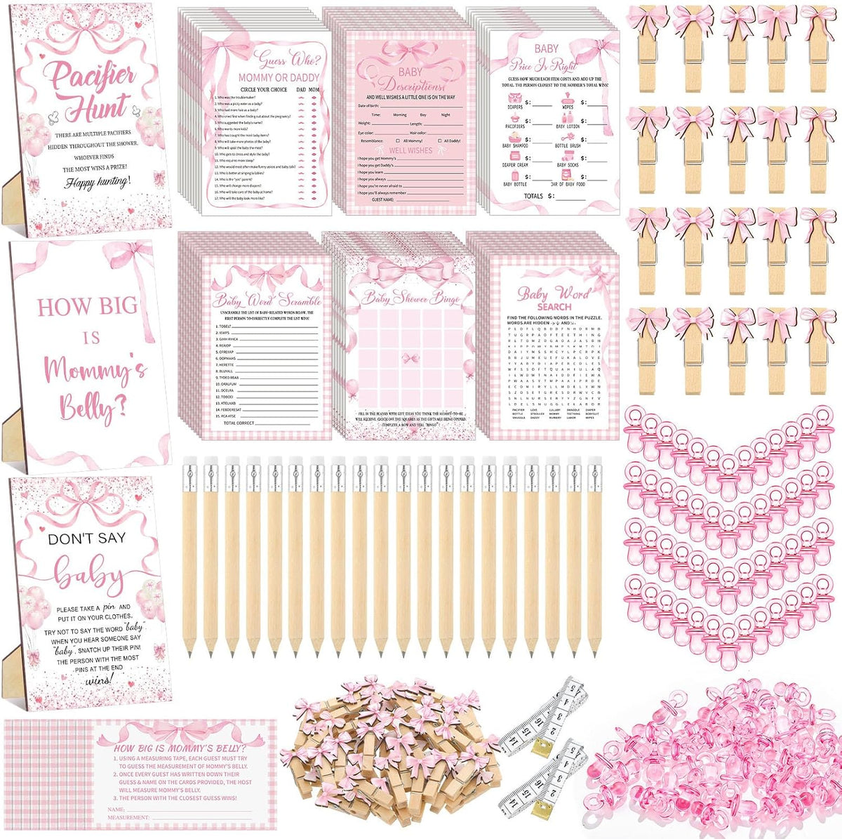 476 Pcs Pink Bow Baby Shower Games Bundle 6 Sets, Activity Cards Tape