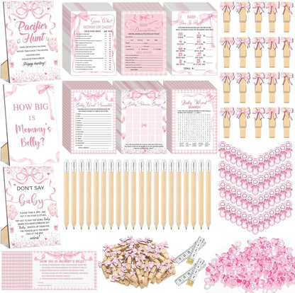 476 Pcs Pink Bow Baby Shower Games Bundle 6 Sets, Activity Cards Tape