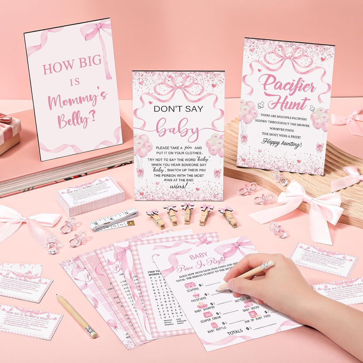 476 Pcs Pink Bow Baby Shower Games Bundle 6 Sets, Activity Cards Tape