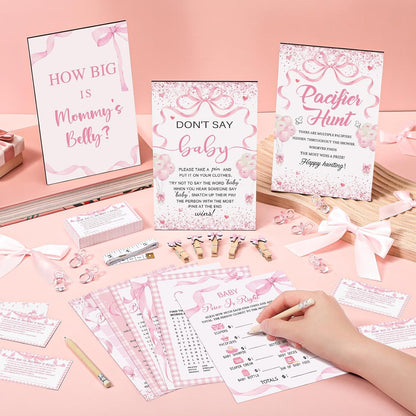476 Pcs Pink Bow Baby Shower Games Bundle 6 Sets, Activity Cards Tape