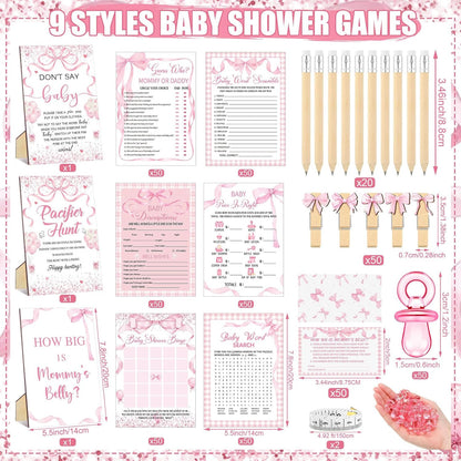 476 Pcs Pink Bow Baby Shower Games Bundle 6 Sets, Activity Cards Tape