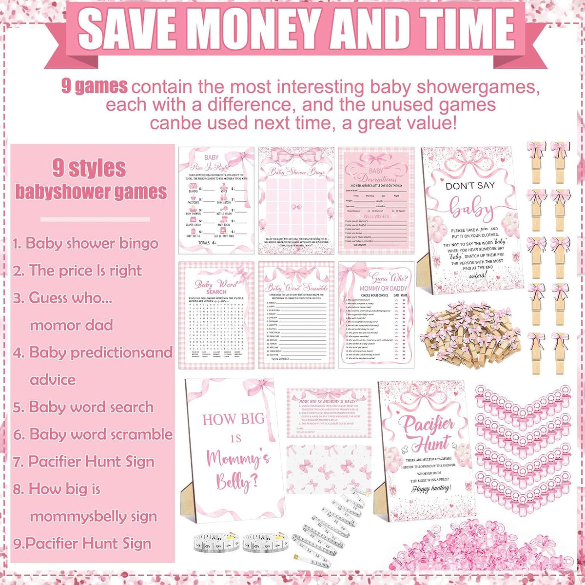 476 Pcs Pink Bow Baby Shower Games Bundle 6 Sets, Activity Cards Tape