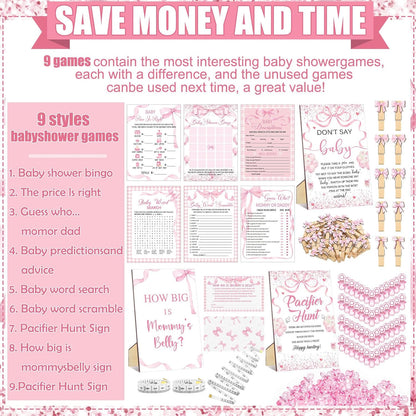 476 Pcs Pink Bow Baby Shower Games Bundle 6 Sets, Activity Cards Tape