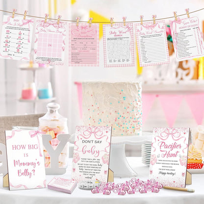 476 Pcs Pink Bow Baby Shower Games Bundle 6 Sets, Activity Cards Tape