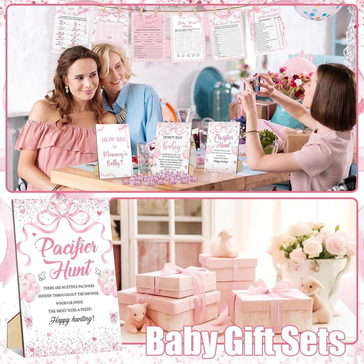 476 Pcs Pink Bow Baby Shower Games Bundle 6 Sets, Activity Cards Tape