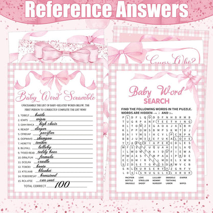 476 Pcs Pink Bow Baby Shower Games Bundle 6 Sets, Activity Cards Tape