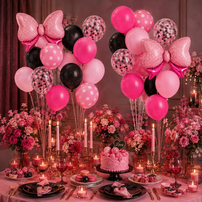 Pink and Black Balloons with 2Pcs Pink Bow Balloons