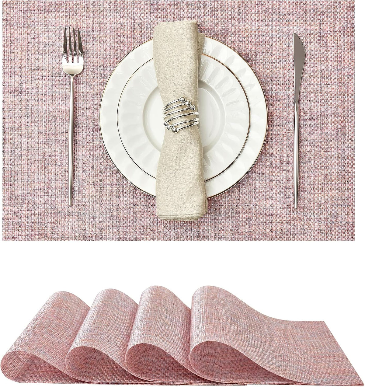 Leetaltree Woven Vinyl Placemats Set of 4,Pink Iridescent
