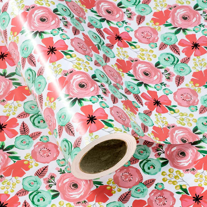 Reversible Floral Wrapping Paper - Mini Roll - 17 Inch X 33 Feet - Peach Pink Floral Design for Birthday, Mother's Day, Wedding, Baby Shower