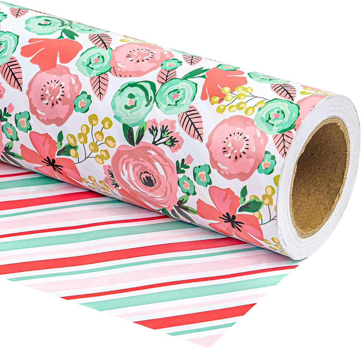 Reversible Floral Wrapping Paper - Mini Roll - 17 Inch X 33 Feet - Peach Pink Floral Design for Birthday, Mother's Day, Wedding, Baby Shower