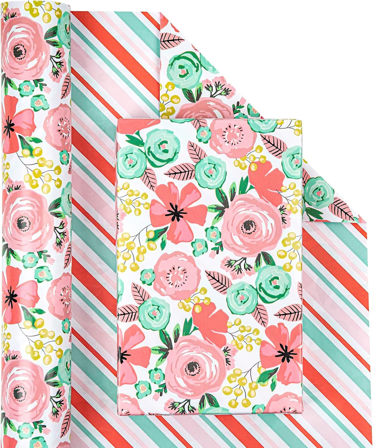 Reversible Floral Wrapping Paper - Mini Roll - 17 Inch X 33 Feet - Peach Pink Floral Design for Birthday, Mother's Day, Wedding, Baby Shower