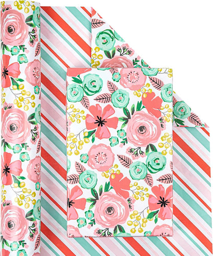 Reversible Floral Wrapping Paper - Mini Roll - 17 Inch X 33 Feet - Peach Pink Floral Design for Birthday, Mother's Day, Wedding, Baby Shower