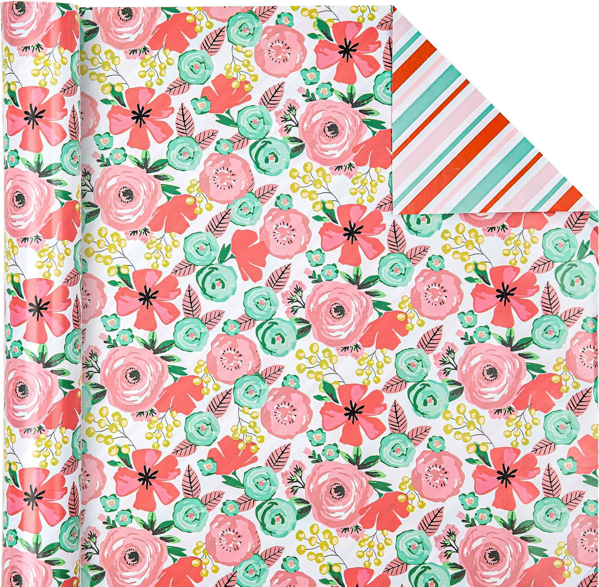 Reversible Floral Wrapping Paper - Mini Roll - 17 Inch X 33 Feet - Peach Pink Floral Design for Birthday, Mother's Day, Wedding, Baby Shower