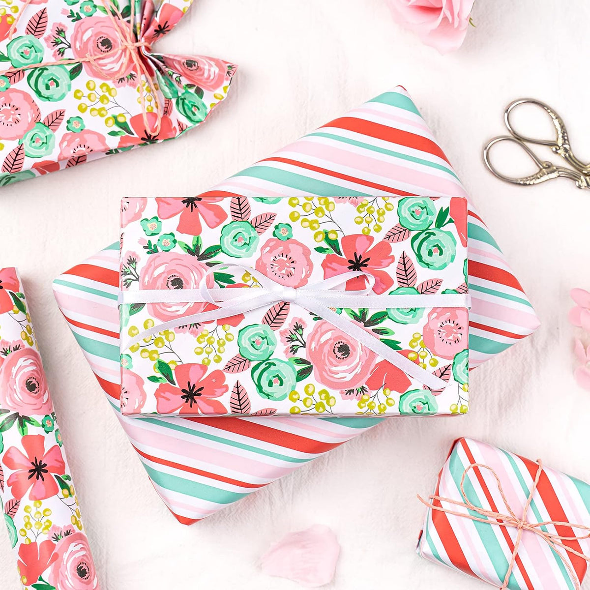 Reversible Floral Wrapping Paper - Mini Roll - 17 Inch X 33 Feet - Peach Pink Floral Design for Birthday, Mother's Day, Wedding, Baby Shower
