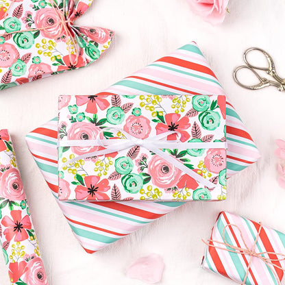 Reversible Floral Wrapping Paper - Mini Roll - 17 Inch X 33 Feet - Peach Pink Floral Design for Birthday, Mother's Day, Wedding, Baby Shower