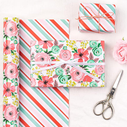 Reversible Floral Wrapping Paper - Mini Roll - 17 Inch X 33 Feet - Peach Pink Floral Design for Birthday, Mother's Day, Wedding, Baby Shower