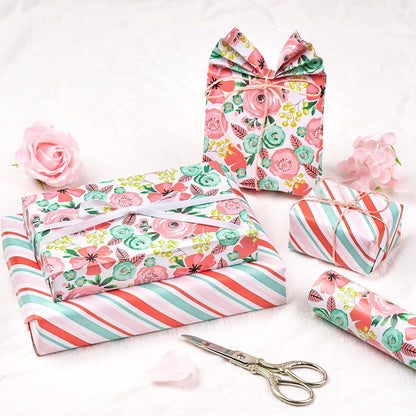 Reversible Floral Wrapping Paper - Mini Roll - 17 Inch X 33 Feet - Peach Pink Floral Design for Birthday, Mother's Day, Wedding, Baby Shower