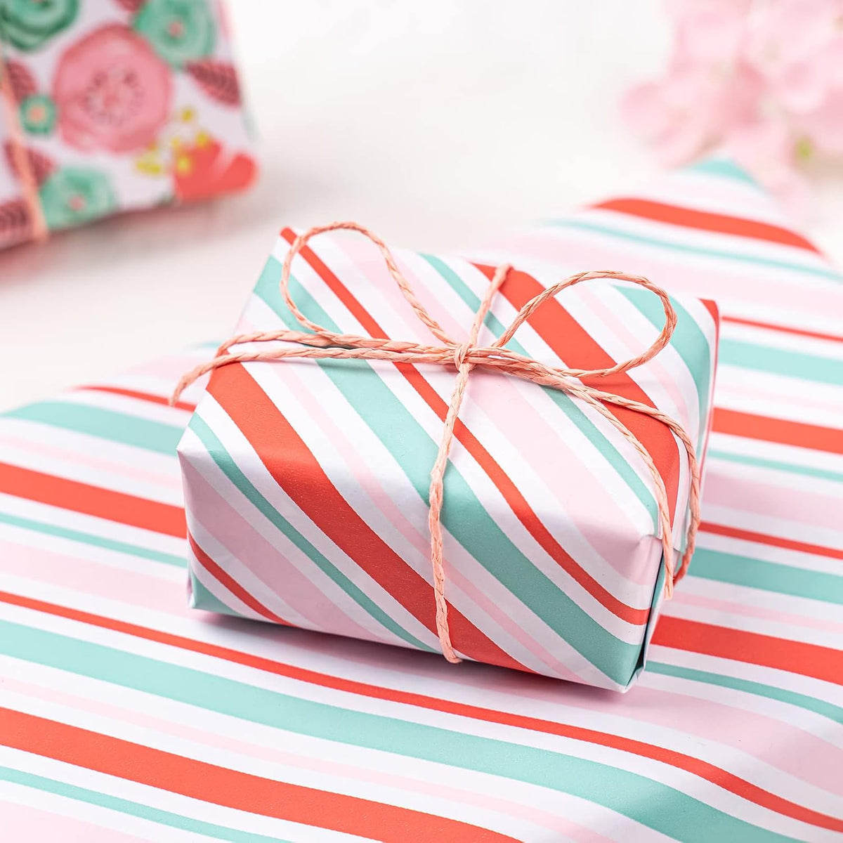 Reversible Floral Wrapping Paper - Mini Roll - 17 Inch X 33 Feet - Peach Pink Floral Design for Birthday, Mother's Day, Wedding, Baby Shower