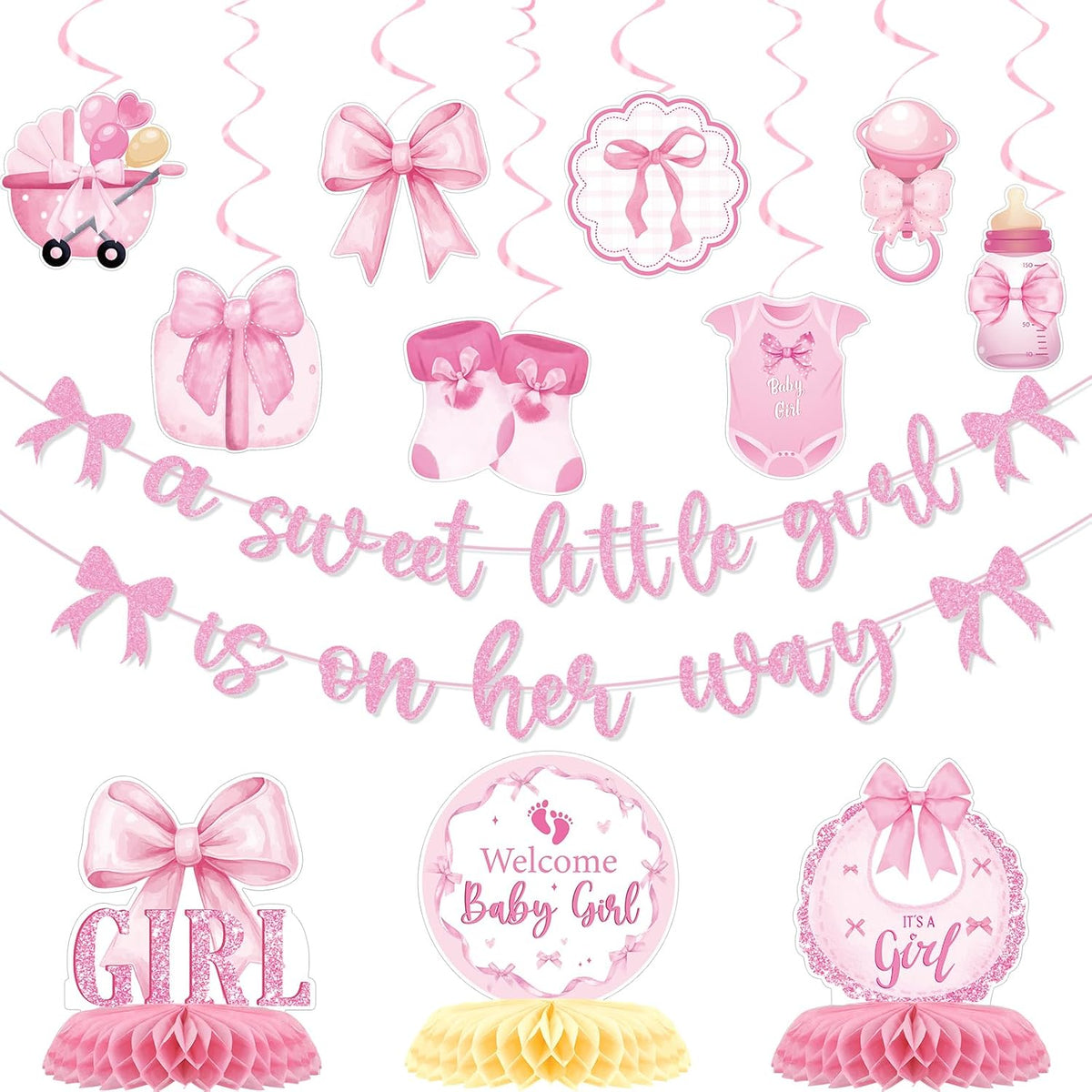 Pink Bow Baby Shower Decorations - 13Pcs a Sweet Little Girl is on Her Way Banners with Hanging Swirls Decoration Coquette Honeycomb Centerpiece Decor Supplies