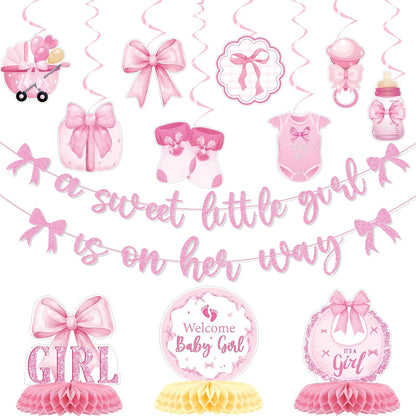 Pink Bow Baby Shower Decorations - 13Pcs a Sweet Little Girl is on Her Way Banners with Hanging Swirls Decoration Coquette Honeycomb Centerpiece Decor Supplies