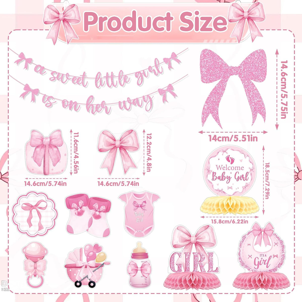 Pink Bow Baby Shower Decorations - 13Pcs a Sweet Little Girl is on Her Way Banners with Hanging Swirls Decoration Coquette Honeycomb Centerpiece Decor Supplies