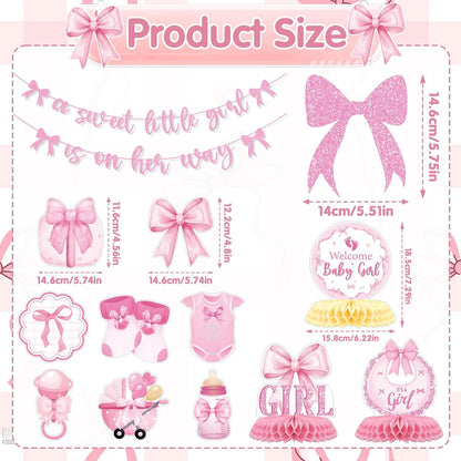 Pink Bow Baby Shower Decorations - 13Pcs a Sweet Little Girl is on Her Way Banners with Hanging Swirls Decoration Coquette Honeycomb Centerpiece Decor Supplies