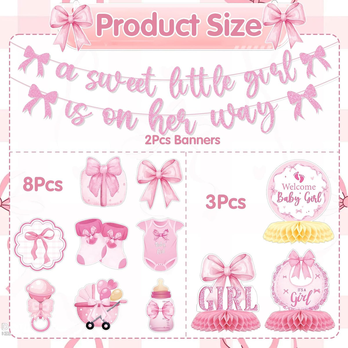 Pink Bow Baby Shower Decorations - 13Pcs a Sweet Little Girl is on Her Way Banners with Hanging Swirls Decoration Coquette Honeycomb Centerpiece Decor Supplies