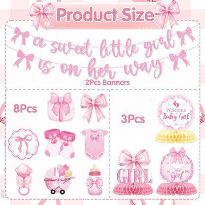 Pink Bow Baby Shower Decorations - 13Pcs a Sweet Little Girl is on Her Way Banners with Hanging Swirls Decoration Coquette Honeycomb Centerpiece Decor Supplies