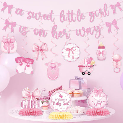 Pink Bow Baby Shower Decorations - 13Pcs a Sweet Little Girl is on Her Way Banners with Hanging Swirls Decoration Coquette Honeycomb Centerpiece Decor Supplies